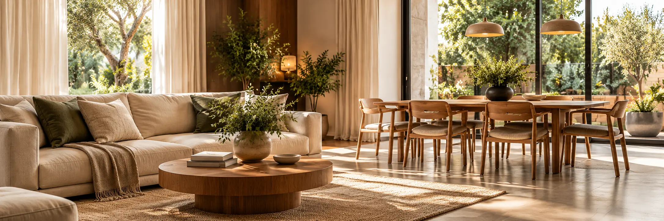 Living y comedor con luz natural, muebles de madera y tonos cálidos