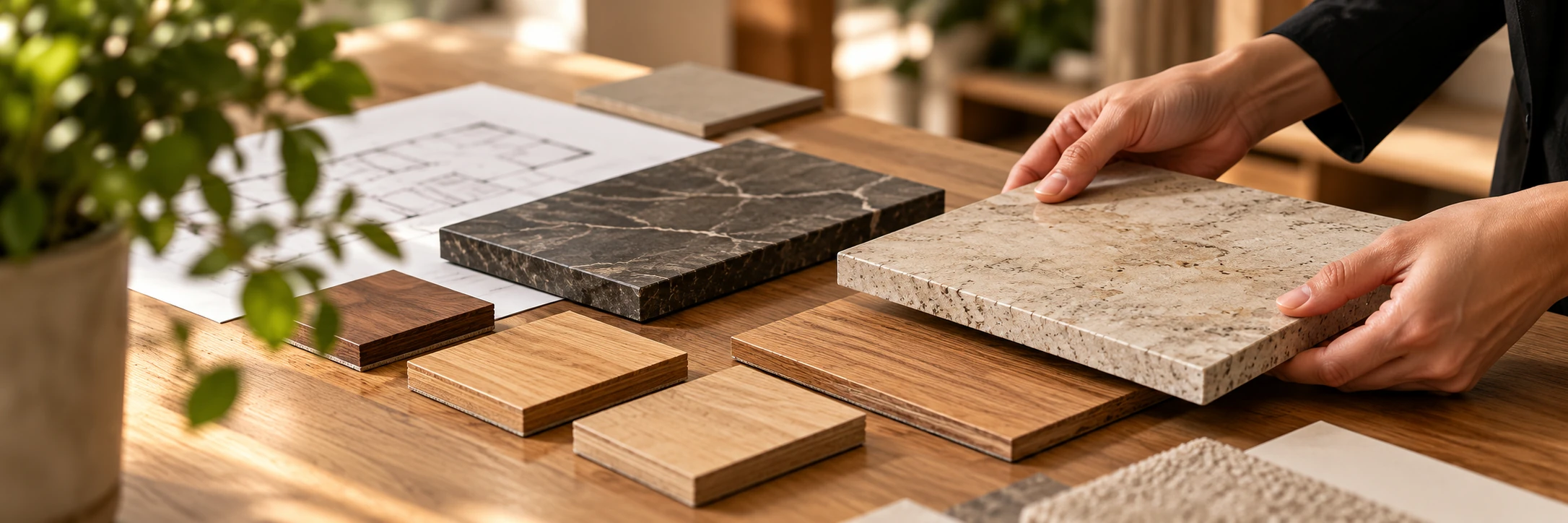 Selección de muestras de madera y piedra para muebles y terminaciones