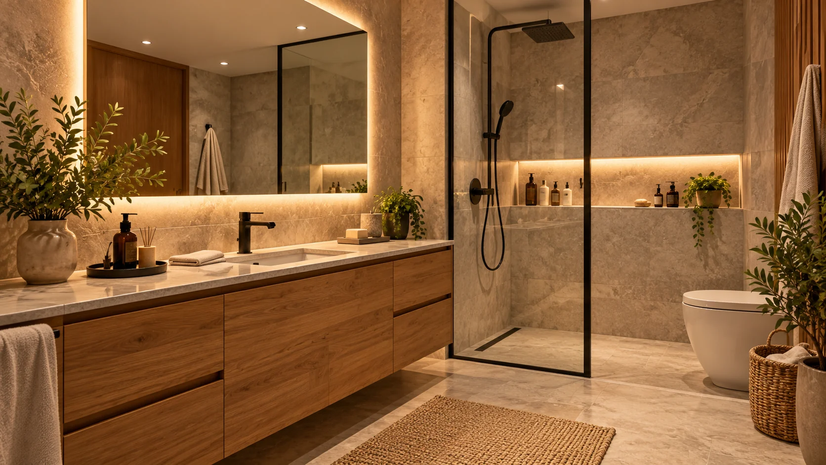 Baño con mueble de madera, espejo iluminado y ducha de cristal