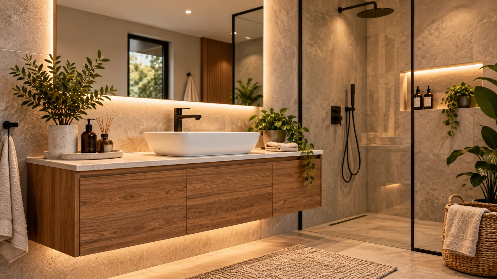 Baño con mueble de madera, iluminación cálida y ducha de cristal
